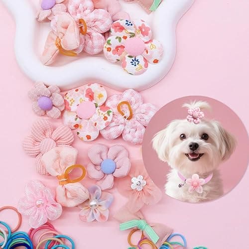 25Pcs Dog Hair Accessories Set for Small Medium Dogs, Flower Bows with Rubber Bands,Dog Hair Clip,Floral Bell Puppy Collar for Boy Girl Pomeranian Yorkie Poodle Maltese Shih Tzu Groomer (Pink) thumbnail 5