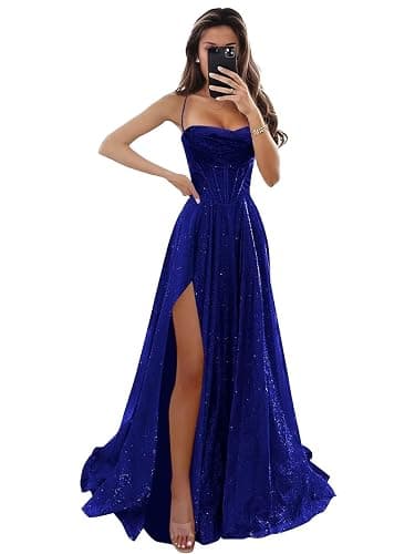 LANGKAAO Corset Prom Dresses Long for Women Sparkly Glitter A-Line Spaghetti Straps Formal Evening Dress with Slit - Image 1