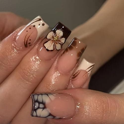 24Pcs Fall Press on Nails Medium Square Fake Nail with Leopard Print Designs French Tip 3D Flower False Nail Autumn Glue on Nails Full Cover Reusable Stick on Nails for Women Girls - Image 1