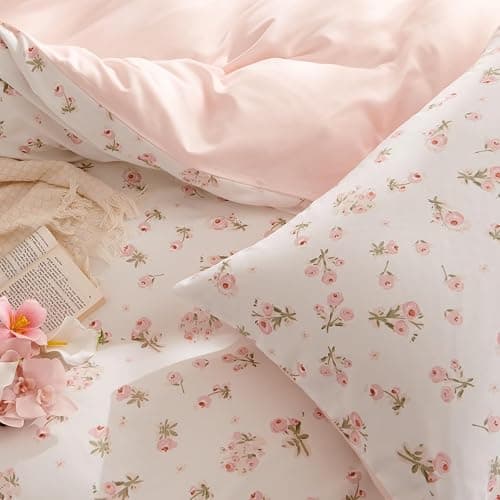 Erwinmu Floral Comforter Set Queen Size Pink Bedding Sets for All Season | Pink White Floral Comforter 3 Pieces,Reversible Queen Bed in a Bag,Flowers Coquette Aesthetic Comforter and 2 Pillowcases thumbnail 6