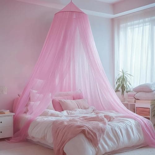 LionLively Pink Bed Canopy for Girls,Kids Princess Round Dome Bed Curtain, Dreamy Mosquito Netting for Girls, Bedroom Accessories, Ceiling Tent - Image 1