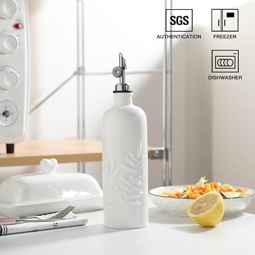 Sweejar 18 Oz Oil Dispenser for Kitchen with Gravity Spout, Ceramic Olive Oil Dispenser Bottle, Relief Opaque Vinegar Container for Evoo, Vinegar, Soy Sauce, Pack of 1(White, Silver Spout) thumbnail 4