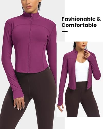 QUEENIEKE Workout Running Jackets for Women Zip Up Athletic Yoga Cropped Tops with Thumb Holes thumbnail 2
