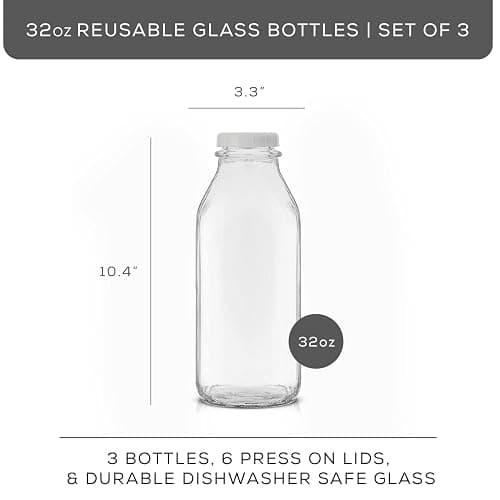 JoyJolt Glass Milk Bottles with Lids and Pourer – 32 Oz, 3 Pack Airtight Heavy Duty Reusable Glass Bottles, Leakproof, BPA-Free, Food Grade, Dishwasher Safe Jug, Pitcher for Milk, Juice, and Water thumbnail 3