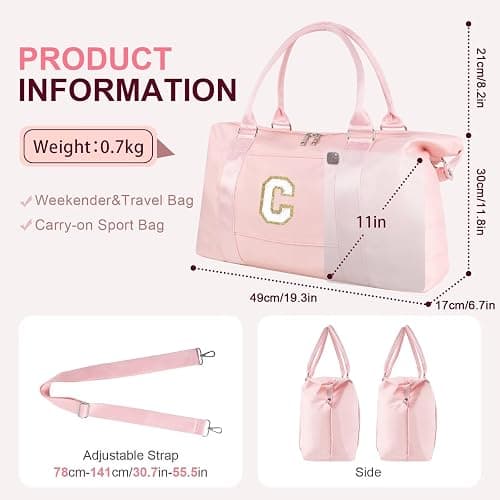 Birthday Gifts for Daughter,Initial Travel Duffel Bag for Teen Girls,Personalized Weekender Bag Cute Overnight Carry on Duffle Bags for Girl Women Gifts with Adjustable Strap(pink-C) - pink-chenille - letter-C thumbnail 2