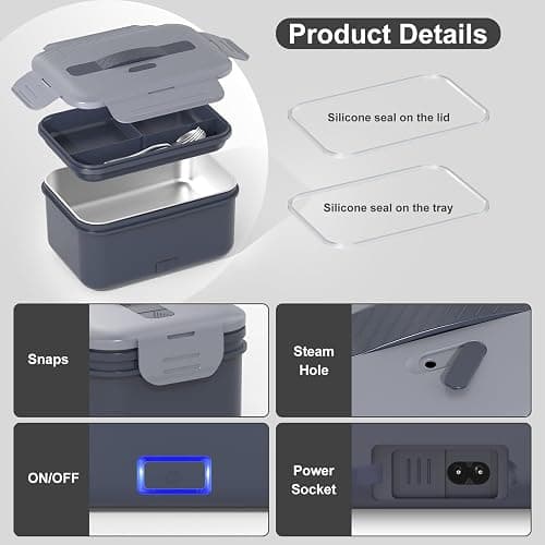 Vabaso 1.8L Electric Lunch Box for Adults, 100W Heated Lunch Box for Car/Truck Home/Work, Portable Food Warmer Heating LunchBox with 61oz Stainless Steel Container, 12V/24V/110V/220V thumbnail 8