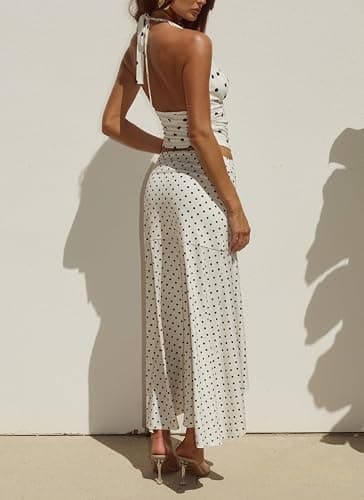 Polka Dot 2 Piece Maxi Skirt Sets for Women Cowl Neck Halter Top and Ruffle High Low Maxi Skirt Beach Vacation Outfits thumbnail 4