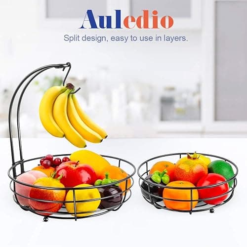 Auledio Iron 2-Tier Countertop Fruit Vegetables Basket Bowl Storage With Banana Hanger, Black, 64 ounces thumbnail 5