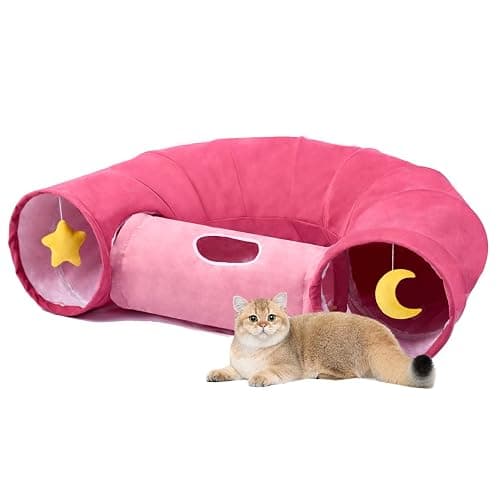 PAOPO Cat Tunnel, Large Indoor Durable Collapsible Interactive Cat Tube with Peek-A-Boo Hole, Hanging Toys, and Crinkly Paper Lining - Cute Tunnel for Cats, Kittens, Puppies & Rabbits, Pink - Image 1