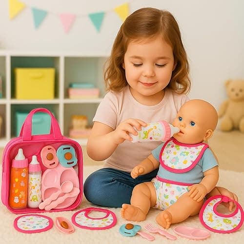 My Sweet Baby 13-Piece Doll Feeding & Diaper Bag Set – Disappearing Milk Bottles, Bibs, Pacifiers, Diapers & Accessories Set – Pretend Play Baby Doll Care Kit for Girls – Fits 12–18″ Dolls thumbnail 3