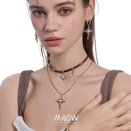 Retro stylish Star Cross Pendant Necklace Faux Leather Women's Collar Personalized Double Layer Necklace M2592 thumbnail 2