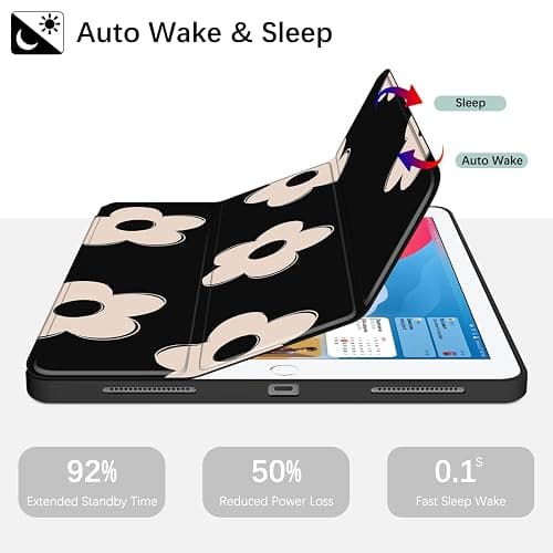 Lornpa Case for iPad 6th/ 5th Generation 9.7 inch (2018/2017), iPad Air 2 & 1 (2014/2013), Protective Case with Pencil Holder, Auto Wake/Sleep Cover for iPad 6th Gen, Black Flowers thumbnail 6