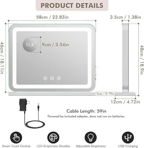 LuxeVue Vanity Mirror with Lights, 23" x 19" Large Makeup Mirror with 3 Color Modes & Adjustable Brightness, Detachable 15x Spot Magnification, Smart Touch Control,Plug in(Tabletop & Wall-Mounted) thumbnail 2