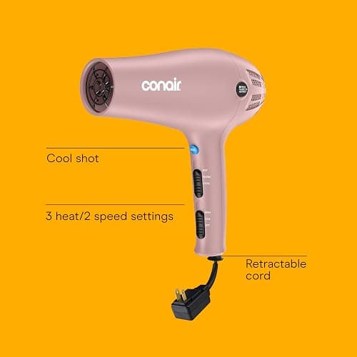 Conair Hair Dryer with Retractable Cord, 1875W Blow Dryer, 3 Heat Settings, 2 Speeds, Blow Dryer with Diffuser and Concentrator Attachments, Ionic + Tourmaline Technology, Matte Light Pink thumbnail 2