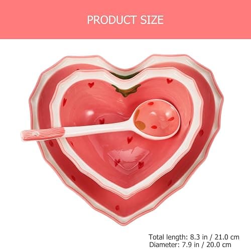 Ceramic Bowl Plate with Spoon Heart Shaped Strawberry Bowl Salad Dessert Snack Appetizer Plates for Soup Cereal Nuts Oatmeal Fruit Prep Sushi Plate Set thumbnail 3