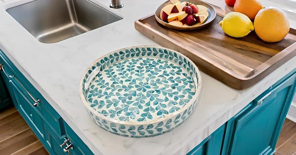 PEMAR 12.6” Mother of Pearl Round Serving Tray with Handles, Decorative Nacred Wooden Ottoman Coffee Table Tray (Teal Floral Pattern) thumbnail 7