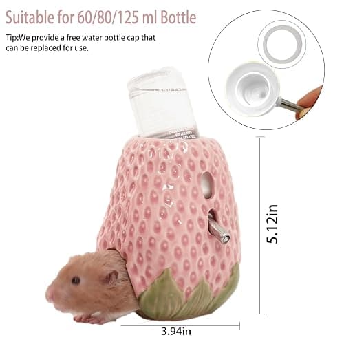 Deapeey Adjustable No-Drip Pink Strawberry Ceramic Hamster Water Bottle | 80ML,2-in-1 Drinking Station and Stable Hideout for Glass Tanks with No-Drip 2 Caps,Fits Hamsters, Gerbils & Small Pets thumbnail 5