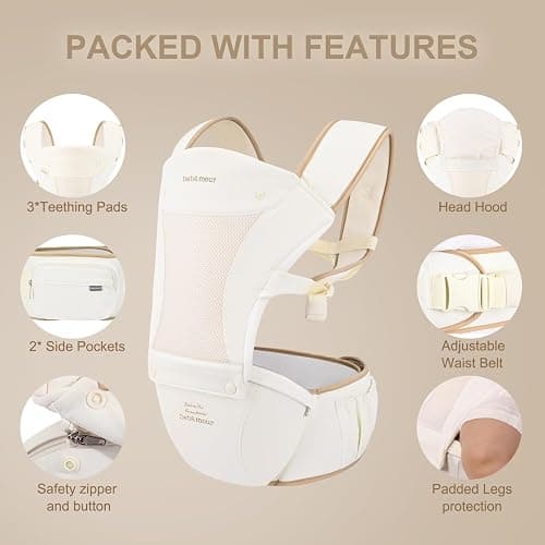Bebamour Baby Carrier Newborn to Toddler Baby Carrier Hipseat 0-36Months with Head Hood, 3 PCS Teething Pads, Waist Extender, Black thumbnail 7