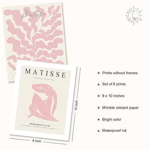 Habseligkeit Pink Matisse Wall Art Prints, Abstract Wall Art Exhibition Posters, Vintage Wall Art Prints, Retro Room Decor for Girl's Bedroom 8x10 inch, Unframed - 10L" x 8W" - R thumbnail 2