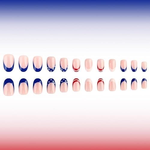 4th Of July French Tip Press On Nails Short Almond Fake Nails Independence Day False Nails Press Ons With Star Design Nude Stick On Nails Full Cover Glue On Nail For Women Nail Supplies 24pcs thumbnail 5