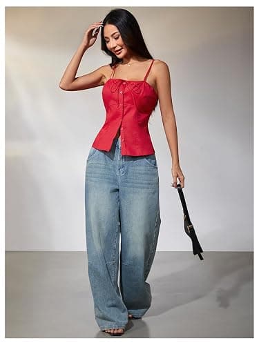SOLY HUX Women's Tie Front Button Down Cami Top Y2k Spaghetti Strap Bustier Corset Tops Camisole thumbnail 5