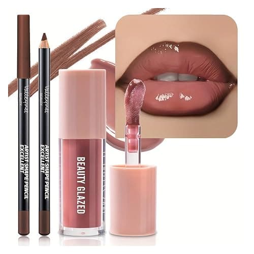 2Pcs/Set Mocha Brown Lip Liner and Nude Gloss Duo – 2PCS 90s Overline Lip Combo Set for Fuller Looking Lips, Deep Sculpting Contour Pencil & High Shine Hydrating Glass Gloss, Non-Sticky Volume Lip Kit - Image 1