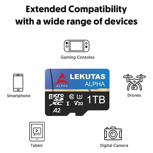 LEKUTAS 1T(999GB) Micro SD Card, microSDXC UHS-I Flash Memory Card TF Card, High Read Speed 120MB/s, C10, U3, A2, V30, for Full HD, 4K UHD Video Recording thumbnail 2