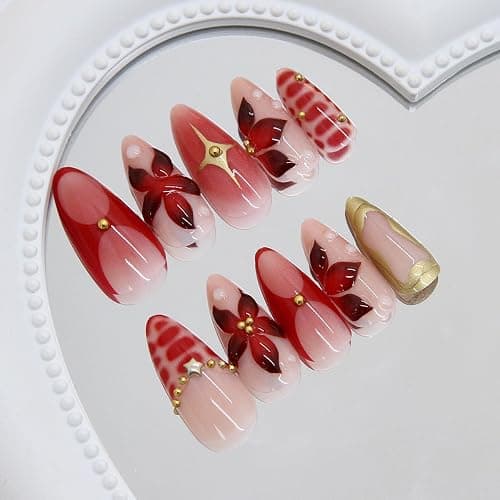 MouyouGlow Press on Nails Kurz,Almond Rot French 3D Blumen Floral Bubbles Gold Aura Striped Sterne Design Mandel Y2k Fake Nails mit Nagelkleber,Red Flowers Sweet Star INS Künstliche Fingernägel thumbnail 3