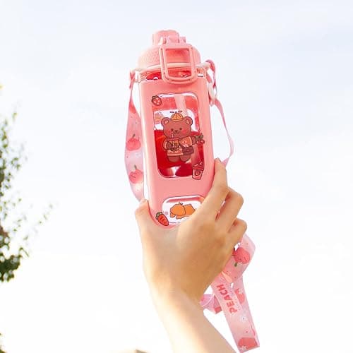 GMKD Kawaii Water Bottle for Girls Cute Kids Water Bottles with Straw Square Drinking Bottle, Portable Leakproof Water Jug for School, 24 oz (Pink-700ml) thumbnail 2