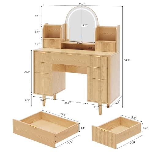 Oxirth Wood Vanity Desk with Mirror and Lights, Fluted Makeup Vanity Table with 7 Drawers and Storage, Oak Vanity, Boho Vanity, Make Up Dressing Table for Bedroom thumbnail 2