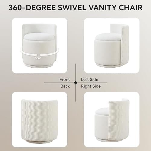 WUTUTUEE Velvet Vanity Chair with Storage, 360° Swivel Makeup Chair with Wave Back, No Assembly Small Accent Stool for Bedroom, Dressing, Living Room, White thumbnail 6