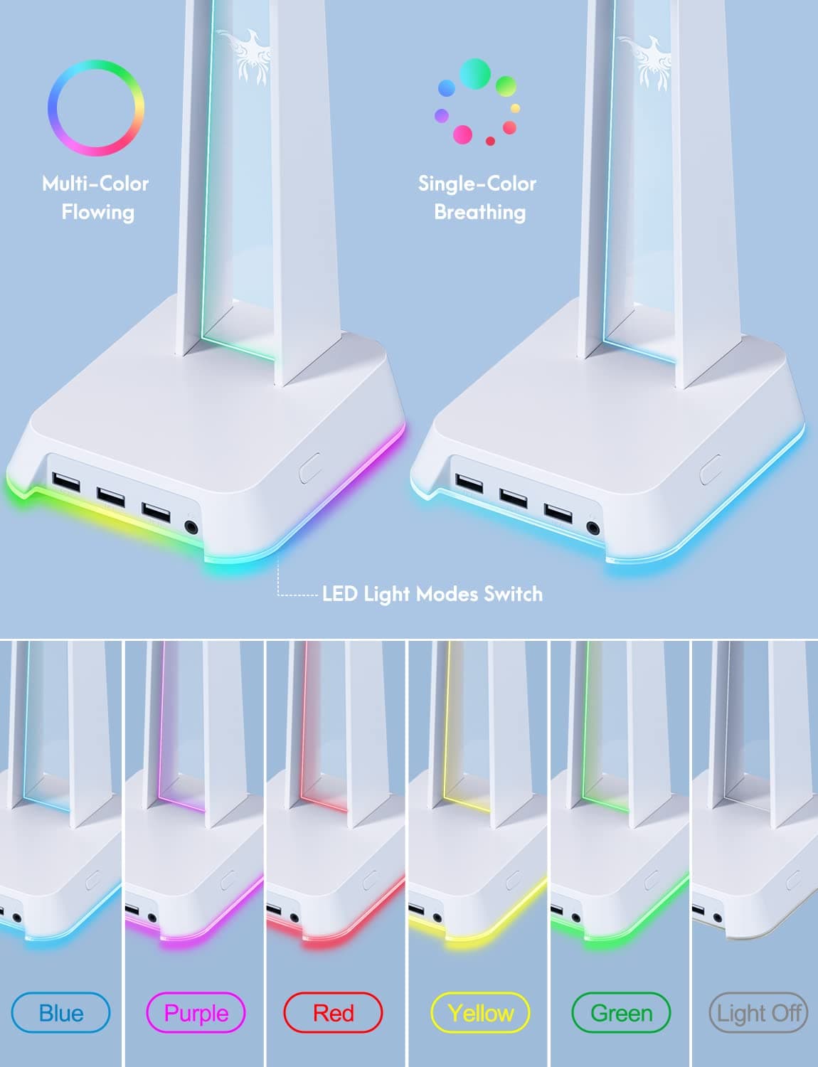 PHNIXGAM - Soporte para auriculares RGB con 3,5 mm AUX y 3 puertos USB 2.0, soporte universal para auriculares para juegos de computadora y juegos (blanco) - Blanco thumbnail 2