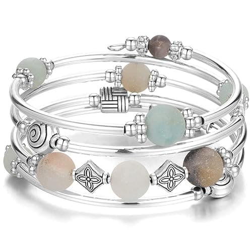 Beaded Pearl Bangle Wrap Bracelet - Fashion Bohemian Jewelry Multilayer Charm Bracelet with Thick Silver Metal Beads, Gift For Women - Image 1