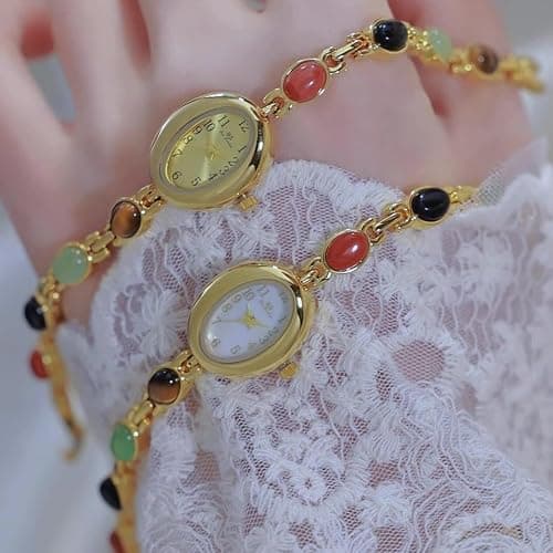 CARLIEN Womens Gold Petite Vintage Colorful Jade Crystals Beaded Waterproof Watch Small Pearl Oval Dial Arabic Numerals Fashion Bracelet Wrist Watch thumbnail 6