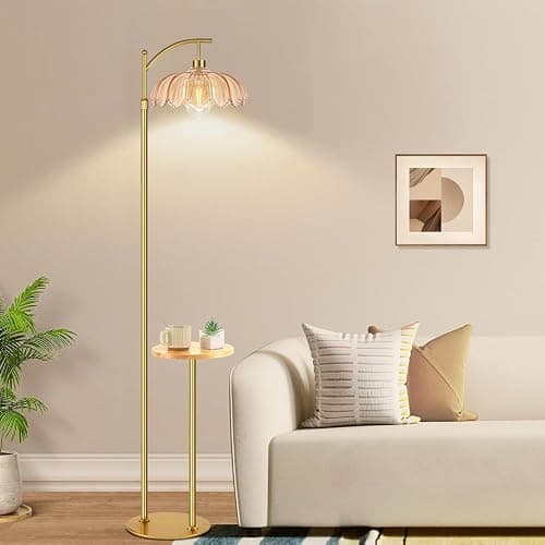 QIYIZM Gold Floor Lamp with Table and Shelves for Living Room Bedroom,Glass Standing Lamp with Remote Dimmable,Boho Brass Tall Lamp Vintage Farmhouse Arc Flower Floor Light Bohemian thumbnail 6