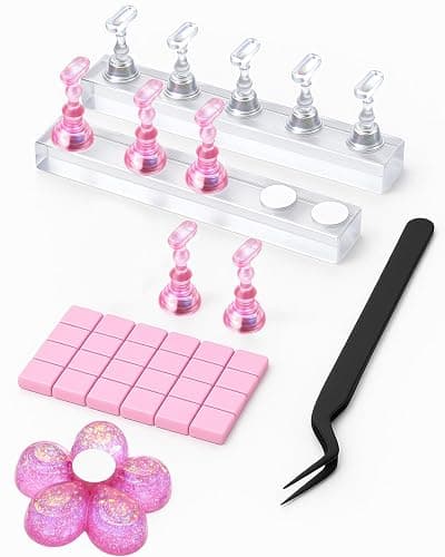 Nail Stand for Press On Nails – 2 Set Acrylic Nail Holders for Nail Art Practice, 10 Nail Stands, 60Pcs Reusable Putty, Flower Shaped Base & Tweezers, Nail Art Tool Kit for Salon & Home - Image 1