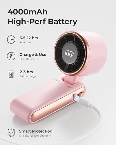 Bearwind Portable Handheld Turbo Fan - 5 Gear High Speed 4000mAh Rechargeable Mini Personal Hand Fan Blow Cold Air, Battery Operated Travel Essentials, Beach Vacation, Gifts for Women, Men (Pink) thumbnail 5