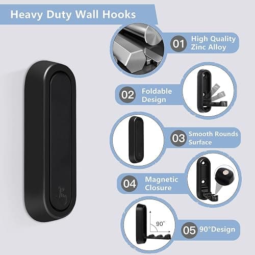 Folding Wall Hooks, 2Pcs Folding Hooks Coat Hooks, Wall Hangers for Clothes Space-Saving Foldable Hook Bathroom Towel Hook Wall Mounted for Hanging Coat Towels Bags Keys(Black) thumbnail 3