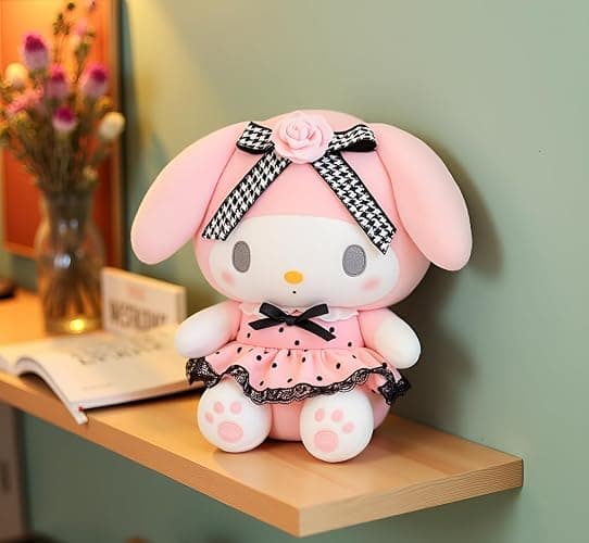 AlphaDesignLuxe 13″ Kitty Plush Toy – Kawaii Cat Stuffed Animal with Long Pink Ears, Polka-Dot Dress, Black Lace Trim & Rose Bow, Soft Plush Doll Gift for Kids, Teens & Collectors thumbnail 9