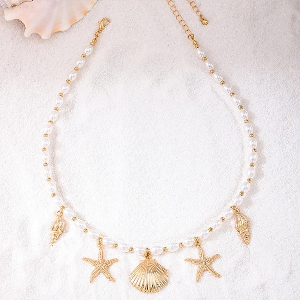 Dainty Gold Starfish Conch Oval Pearl Seashell Necklace for Women, Boho Statement Beaded Chain, Beach Holiday Party Jewellery thumbnail 7