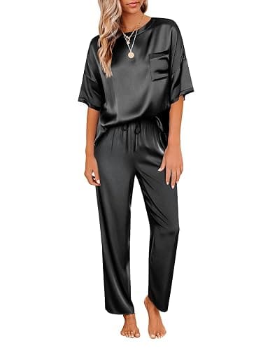 Ekouaer Womens Satin Silky Pajama Set Short Sleeve Shirt with Long Pajama Pant Set Soft PJ Loungewear - Image 1