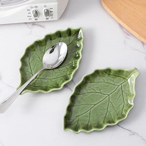 YumiPLUS Ceramic Leaf Shape Spoon Rest for cooking, Cute Green Cooking Spoon Holder for Stove Top,Large Porcelain Spatula Rest for Kitchen Counter, Farmhouse Kitchen Decor (green) thumbnail 8