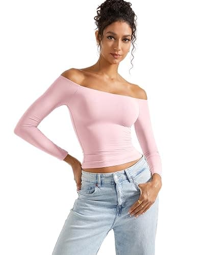 SUUKSESS Women Off Shoulder Double Lined Long Sleeve Shirts Basic Going Out Tops thumbnail 6