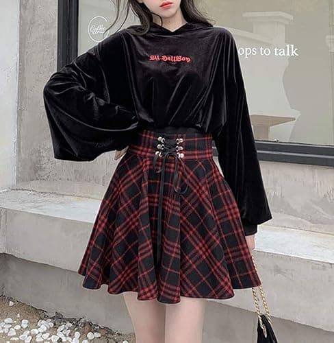 Lunoakvo Women's High Waisted Short A-line Flare Gothic Mini Black Red Plaid Pleated Skirt Dress thumbnail 2