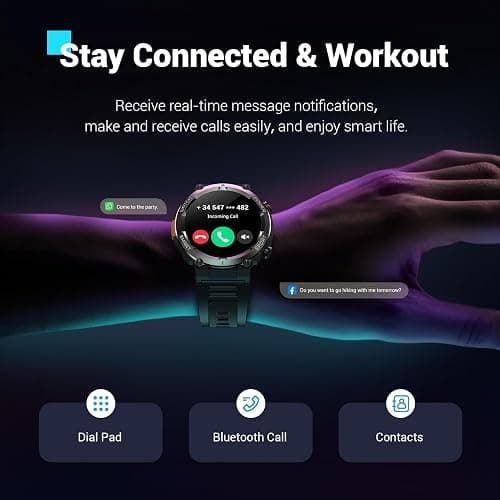 Military Smart Watch for Men(Answer/Make Calls),Outdoor Smartwatch with 100 Days Battery/Flashlight/Compass/Heart Rate/SpO2/Sleep Monitor/2 Straps, Rugged Fitness Watch for iPhone/Android Phones thumbnail 3