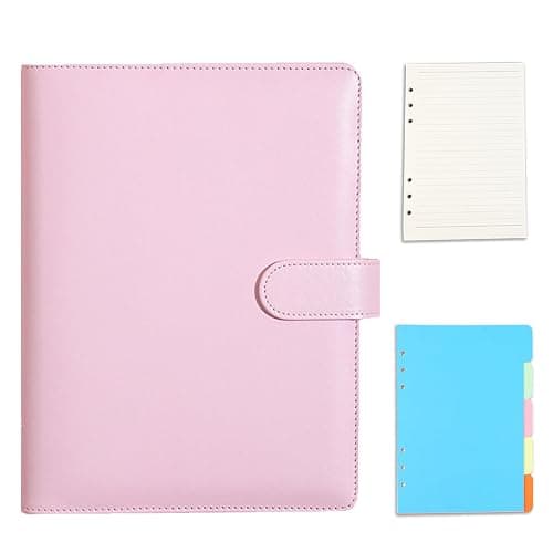 A5 Ring Binder, 6 Ring PU Leather Loose Leaf Notebook Planner Notebook Cover with 45 Sheets A5 Lined Paper, Binder Dividers for School Office Meetings,Pink - Pink - Image 1