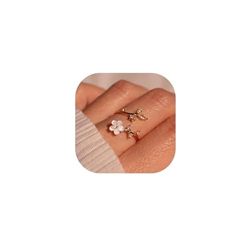JALZEMPL Birthstone Flower Rings For Women Non Tarnish Gemstone Cubic Zirconia Mother of Pearl Adjustable Size 7-11 Silver Rose 14K Gold Plated Birth Jewelry Gift For Birthday - Image 1