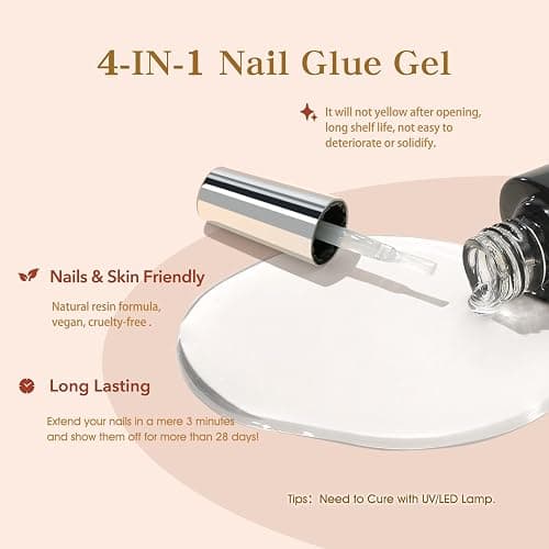 modelones Nagelkleber 6 in 1 und Primer für Gelnägel 2x10 ML, Nail Glue Gel für Nail Tips, Nagelspitzen, Press on Nails Nageltips UV Nagelkleber Brauchen Aushärten unter UV Nagellampe thumbnail 4