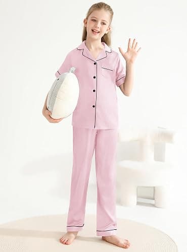 Veseacky Unisex Satin Pajamas Set Boys Girls Silk Pjs Short Sleeve 2 Piece Sleepwear Button-Down Kids Nightwear(4-13T) - Pants-pink - 12-13 Years thumbnail 4
