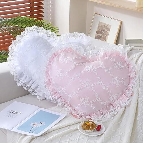 YISLEND Elegant Lace Heart Shaped Throw Pillow, Cute Heart Decorative Throw Pillows for Bed Couch Chair Sofa, Living Room Bedroom Decor (Pink) thumbnail 6